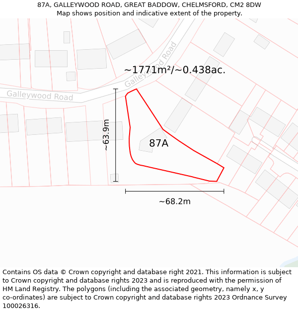 87A, GALLEYWOOD ROAD, GREAT BADDOW, CHELMSFORD, CM2 8DW: Plot and title map