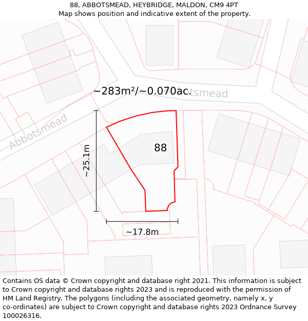 88, ABBOTSMEAD, HEYBRIDGE, MALDON, CM9 4PT: Plot and title map