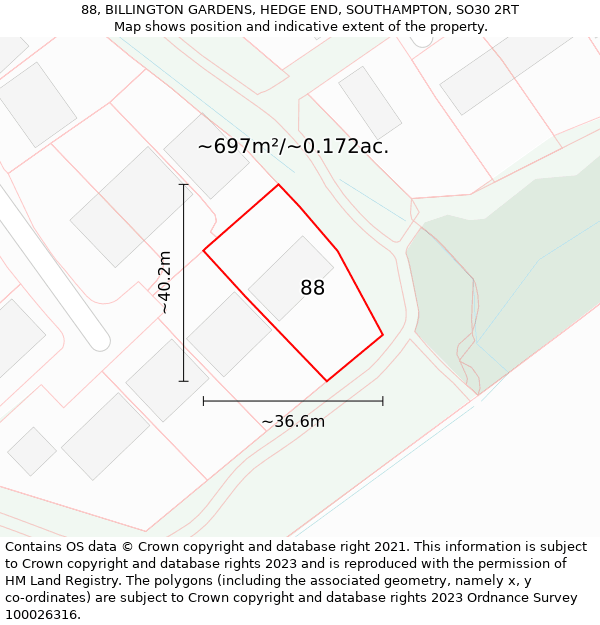 88, BILLINGTON GARDENS, HEDGE END, SOUTHAMPTON, SO30 2RT: Plot and title map