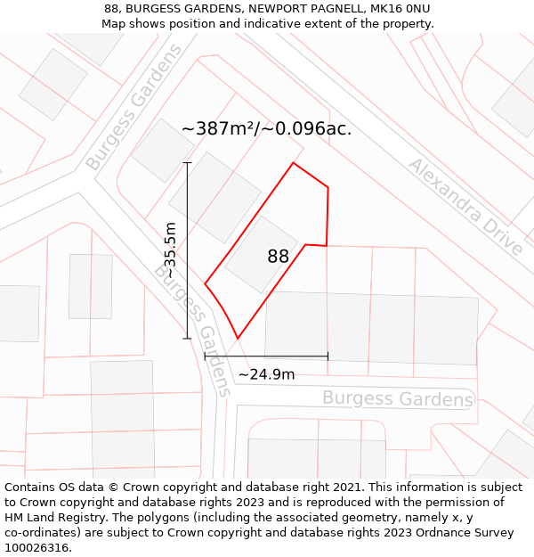 88, BURGESS GARDENS, NEWPORT PAGNELL, MK16 0NU: Plot and title map