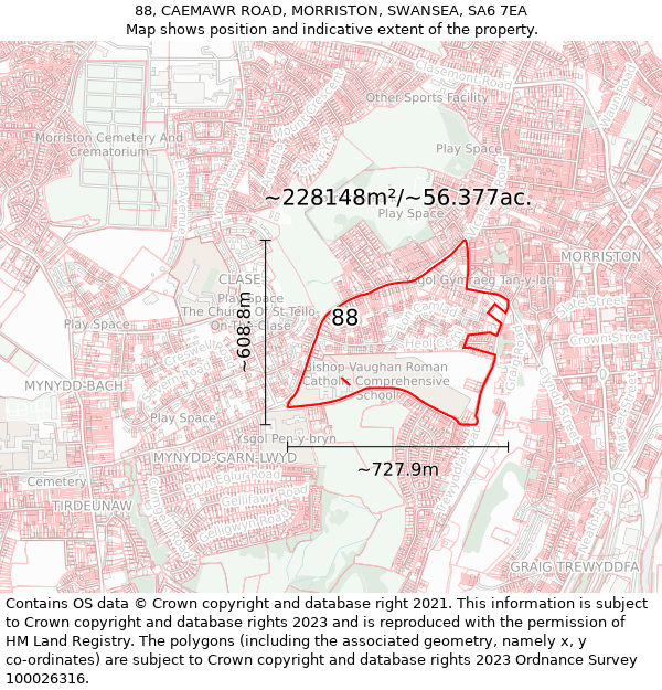 88, CAEMAWR ROAD, MORRISTON, SWANSEA, SA6 7EA: Plot and title map