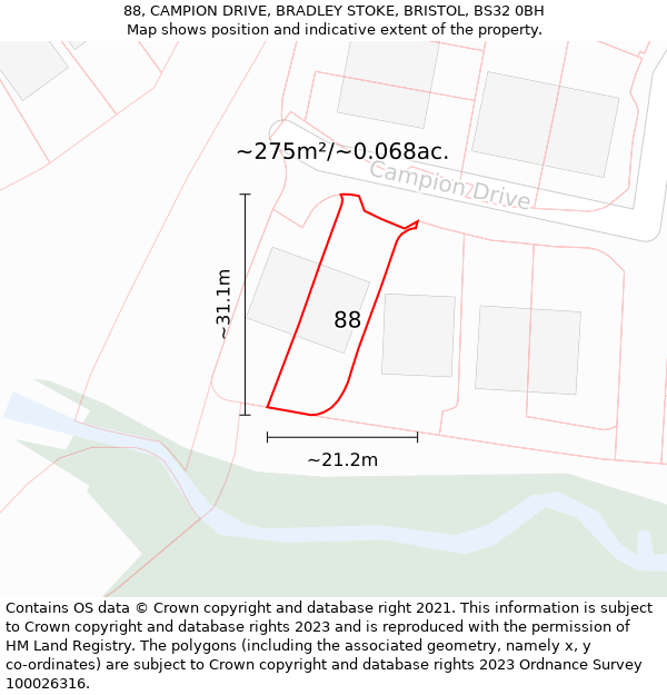 88, CAMPION DRIVE, BRADLEY STOKE, BRISTOL, BS32 0BH: Plot and title map