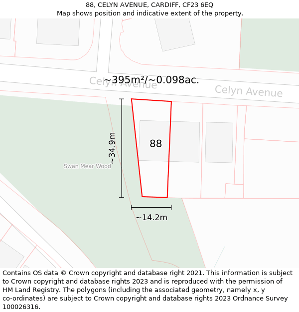 88, CELYN AVENUE, CARDIFF, CF23 6EQ: Plot and title map