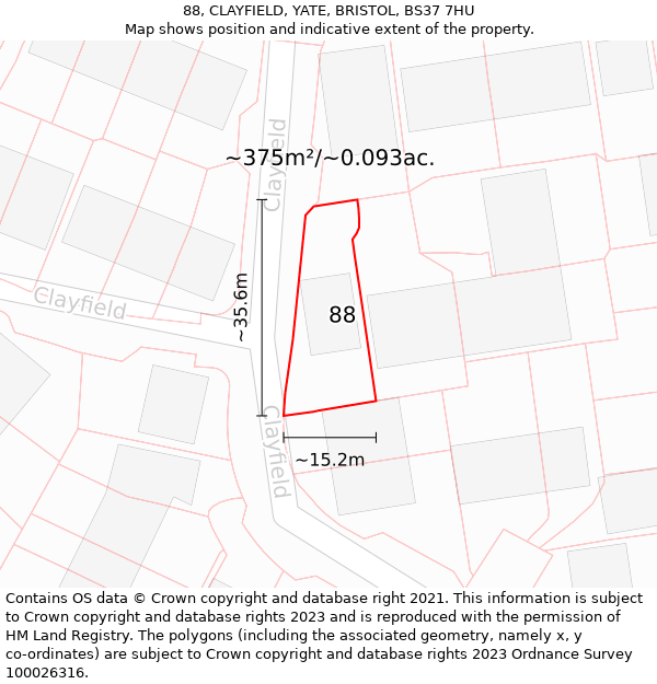 88, CLAYFIELD, YATE, BRISTOL, BS37 7HU: Plot and title map