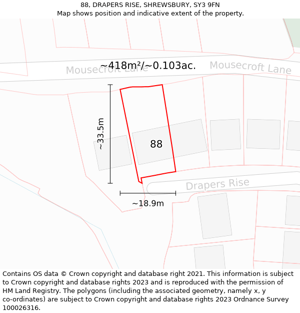 88, DRAPERS RISE, SHREWSBURY, SY3 9FN: Plot and title map