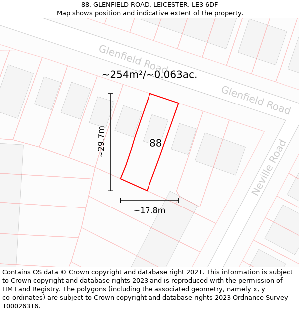 88, GLENFIELD ROAD, LEICESTER, LE3 6DF: Plot and title map