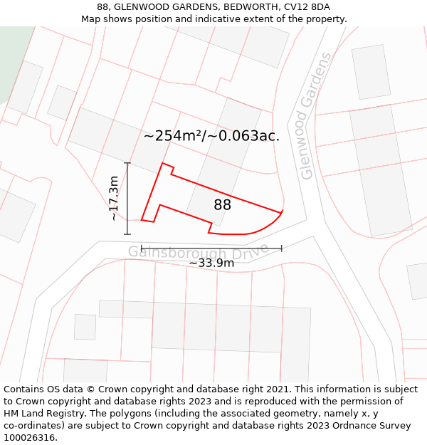 88, GLENWOOD GARDENS, BEDWORTH, CV12 8DA: Plot and title map