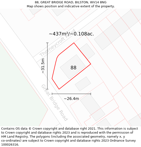 88, GREAT BRIDGE ROAD, BILSTON, WV14 8NG: Plot and title map