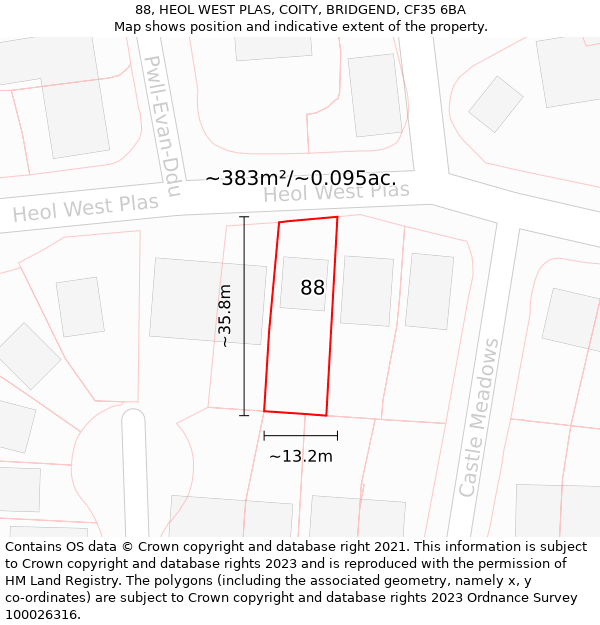 88, HEOL WEST PLAS, COITY, BRIDGEND, CF35 6BA: Plot and title map