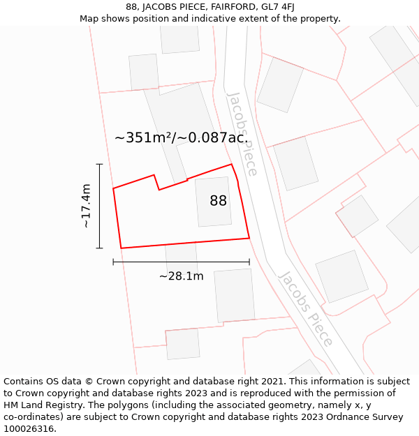 88, JACOBS PIECE, FAIRFORD, GL7 4FJ: Plot and title map