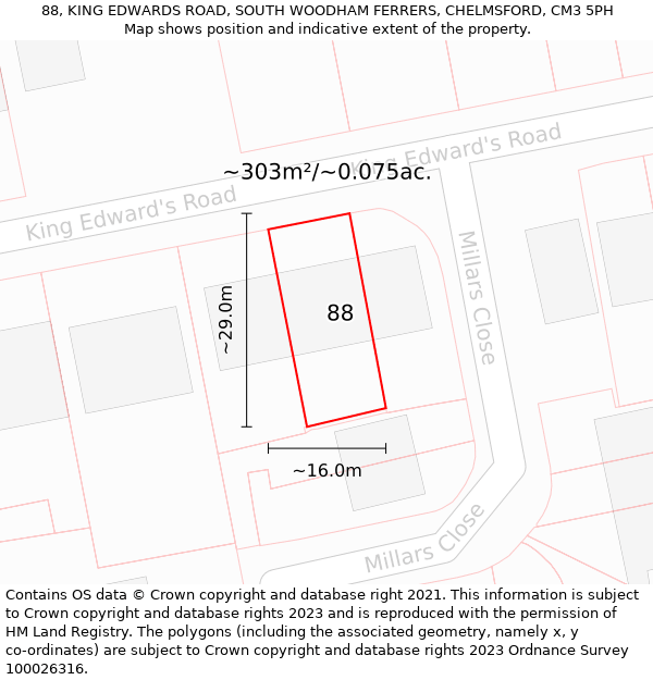 88, KING EDWARDS ROAD, SOUTH WOODHAM FERRERS, CHELMSFORD, CM3 5PH: Plot and title map