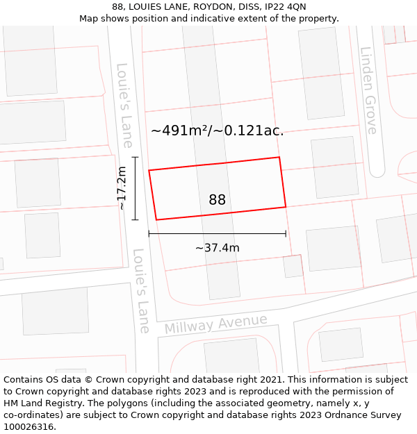 88, LOUIES LANE, ROYDON, DISS, IP22 4QN: Plot and title map