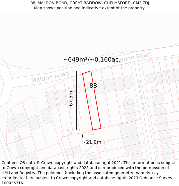 88, MALDON ROAD, GREAT BADDOW, CHELMSFORD, CM2 7DJ: Plot and title map