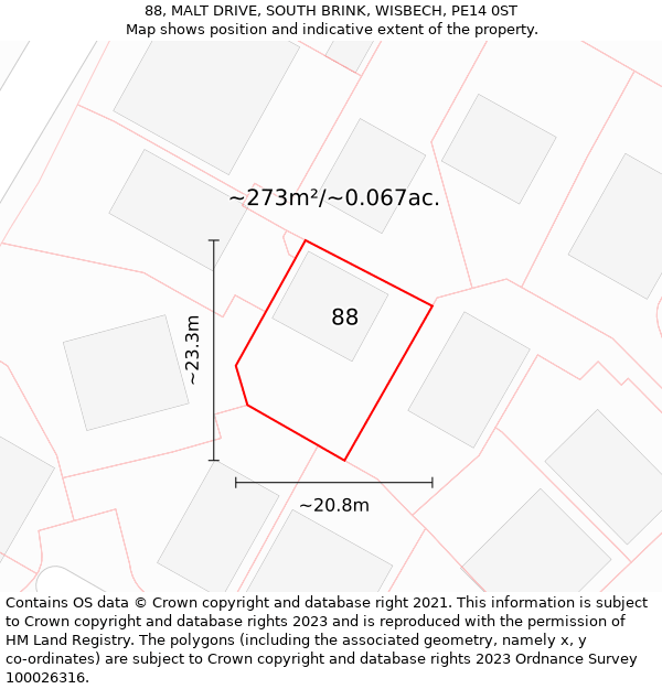 88, MALT DRIVE, SOUTH BRINK, WISBECH, PE14 0ST: Plot and title map