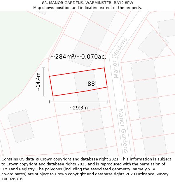 88, MANOR GARDENS, WARMINSTER, BA12 8PW: Plot and title map