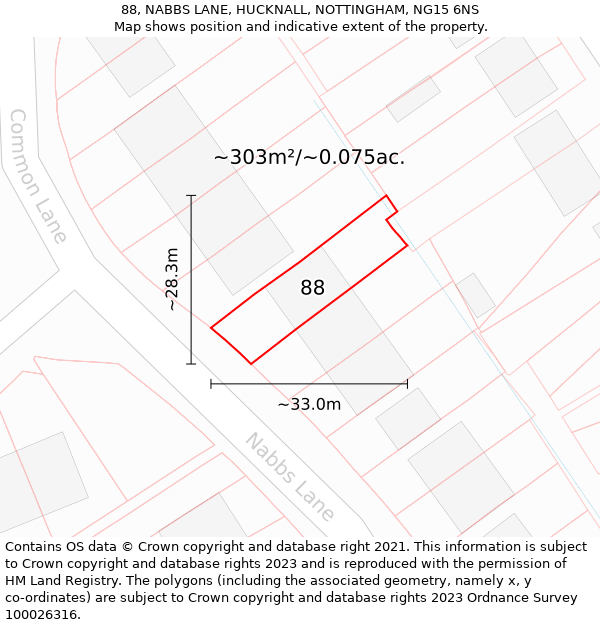 88, NABBS LANE, HUCKNALL, NOTTINGHAM, NG15 6NS: Plot and title map