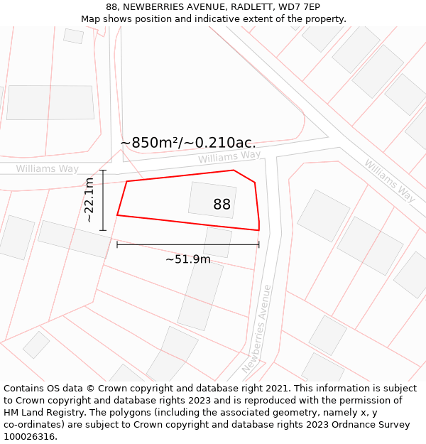 88, NEWBERRIES AVENUE, RADLETT, WD7 7EP: Plot and title map