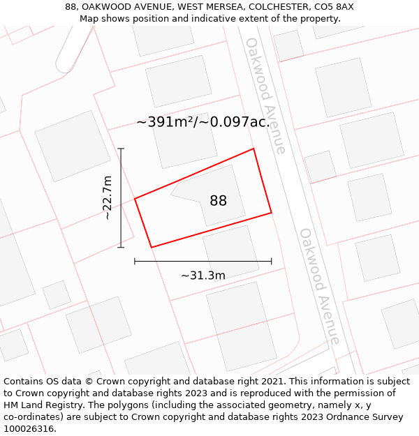 88, OAKWOOD AVENUE, WEST MERSEA, COLCHESTER, CO5 8AX: Plot and title map