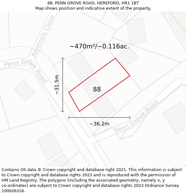 88, PENN GROVE ROAD, HEREFORD, HR1 1BT: Plot and title map