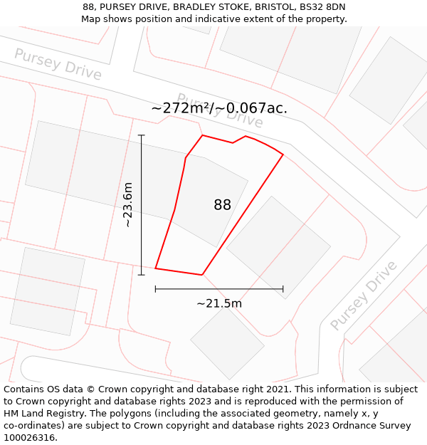 88, PURSEY DRIVE, BRADLEY STOKE, BRISTOL, BS32 8DN: Plot and title map