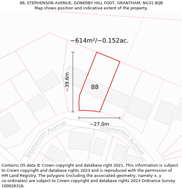 88, STEPHENSON AVENUE, GONERBY HILL FOOT, GRANTHAM, NG31 8QB: Plot and title map