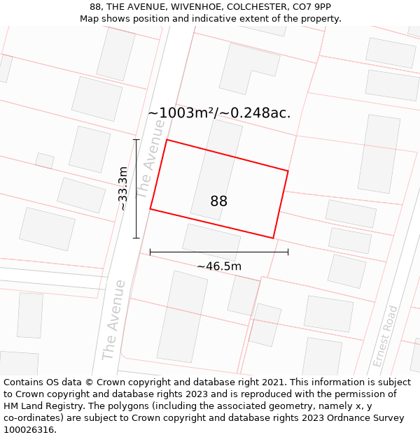 88, THE AVENUE, WIVENHOE, COLCHESTER, CO7 9PP: Plot and title map