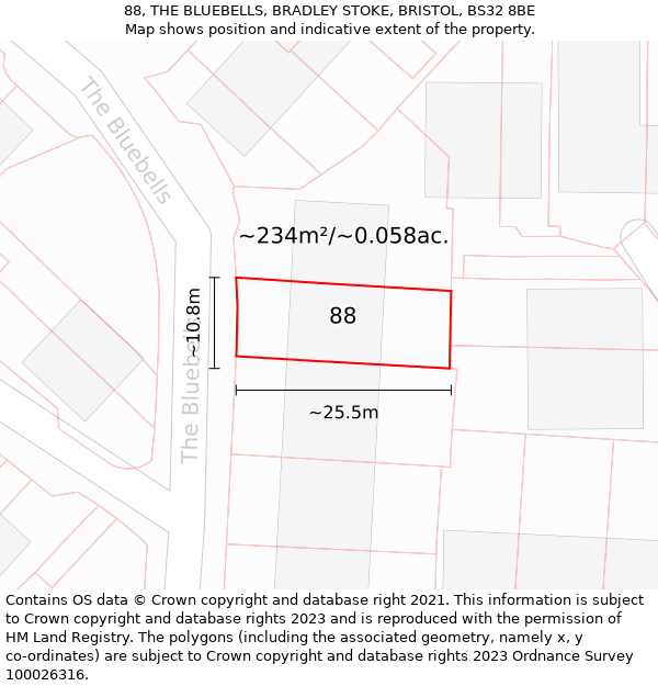 88, THE BLUEBELLS, BRADLEY STOKE, BRISTOL, BS32 8BE: Plot and title map