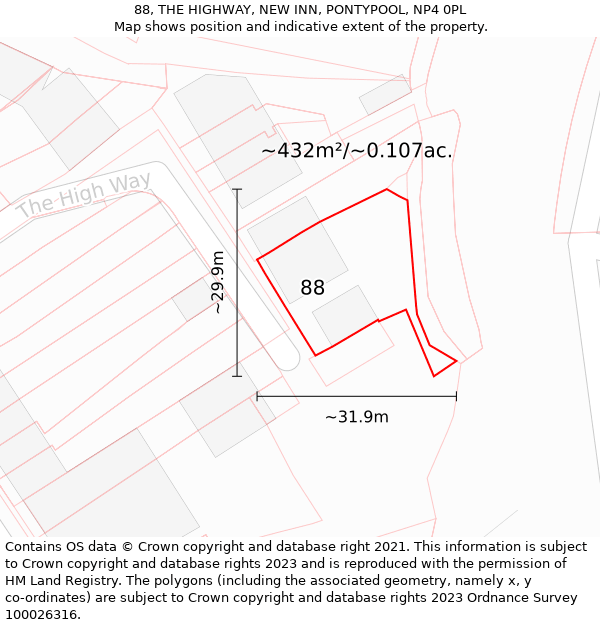 88, THE HIGHWAY, NEW INN, PONTYPOOL, NP4 0PL: Plot and title map
