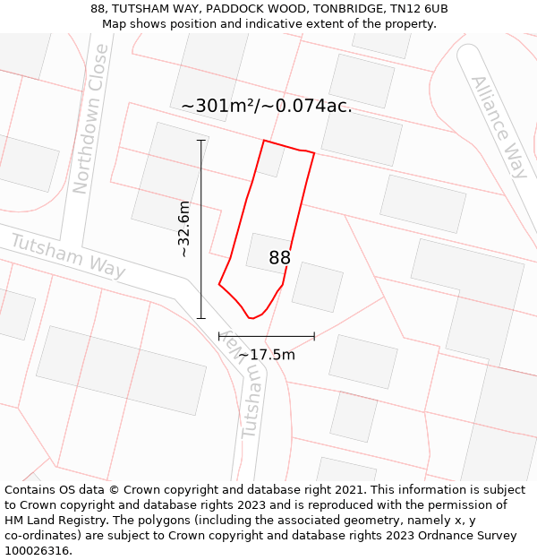 88, TUTSHAM WAY, PADDOCK WOOD, TONBRIDGE, TN12 6UB: Plot and title map