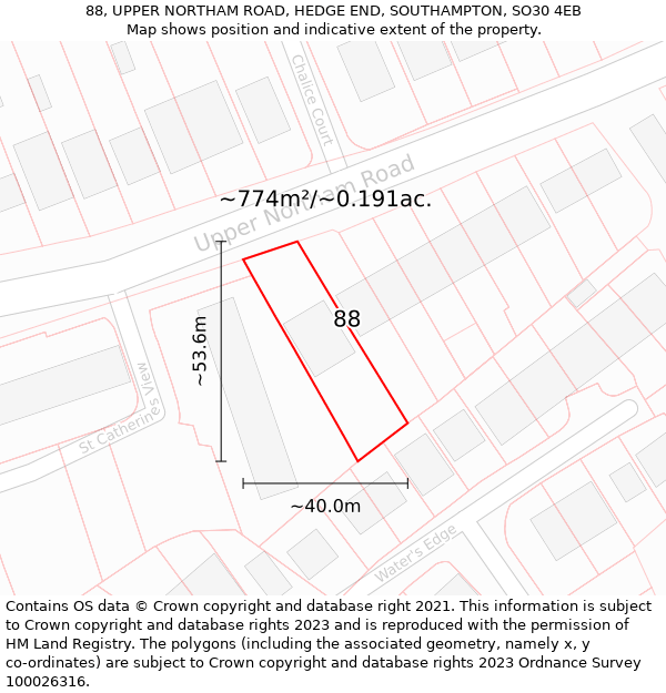 88, UPPER NORTHAM ROAD, HEDGE END, SOUTHAMPTON, SO30 4EB: Plot and title map