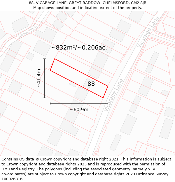 88, VICARAGE LANE, GREAT BADDOW, CHELMSFORD, CM2 8JB: Plot and title map