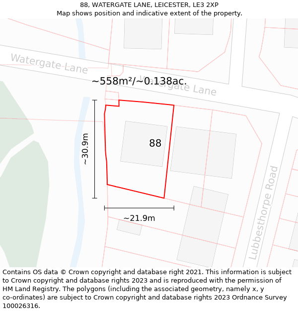 88, WATERGATE LANE, LEICESTER, LE3 2XP: Plot and title map