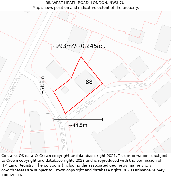 88, WEST HEATH ROAD, LONDON, NW3 7UJ: Plot and title map