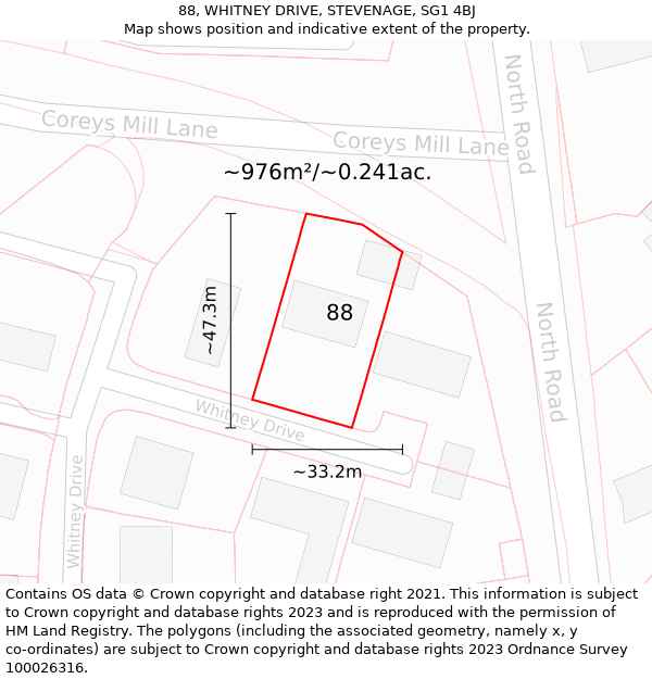 88, WHITNEY DRIVE, STEVENAGE, SG1 4BJ: Plot and title map