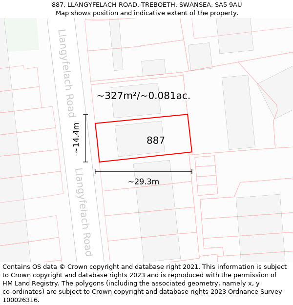 887, LLANGYFELACH ROAD, TREBOETH, SWANSEA, SA5 9AU: Plot and title map