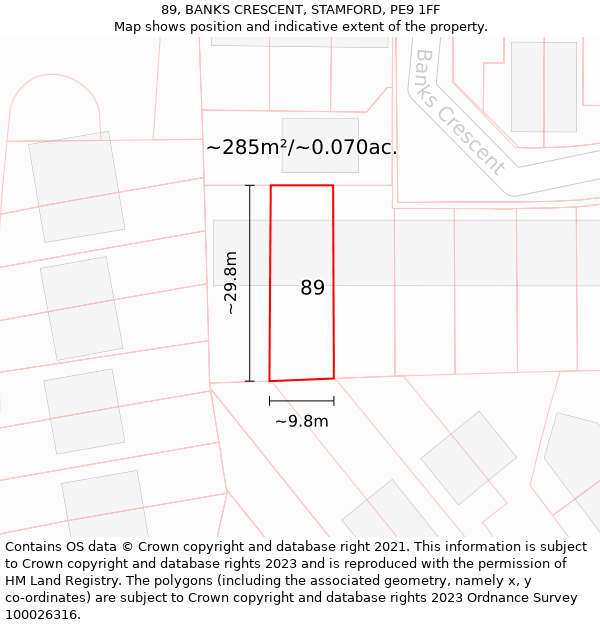 89, BANKS CRESCENT, STAMFORD, PE9 1FF: Plot and title map