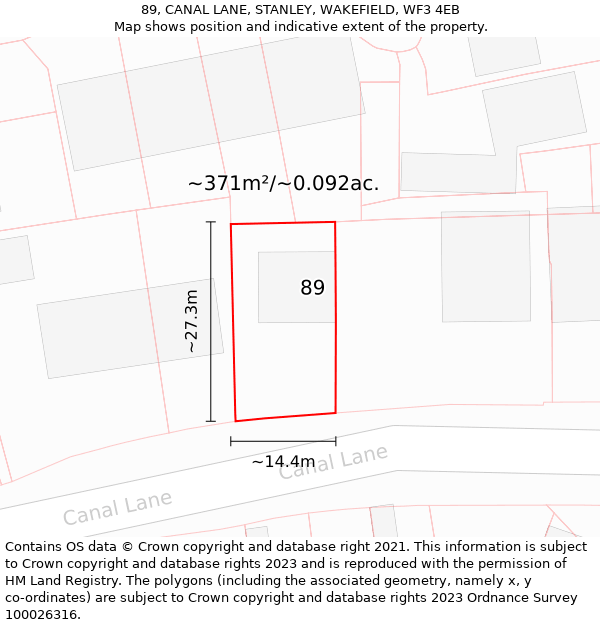 89, CANAL LANE, STANLEY, WAKEFIELD, WF3 4EB: Plot and title map