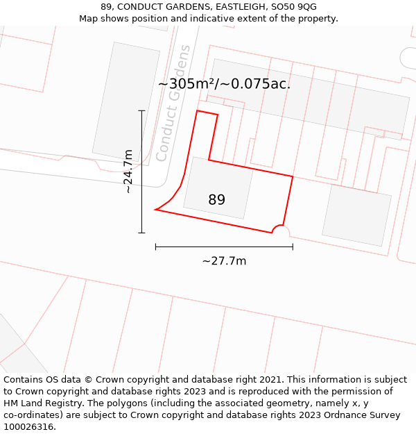 89, CONDUCT GARDENS, EASTLEIGH, SO50 9QG: Plot and title map