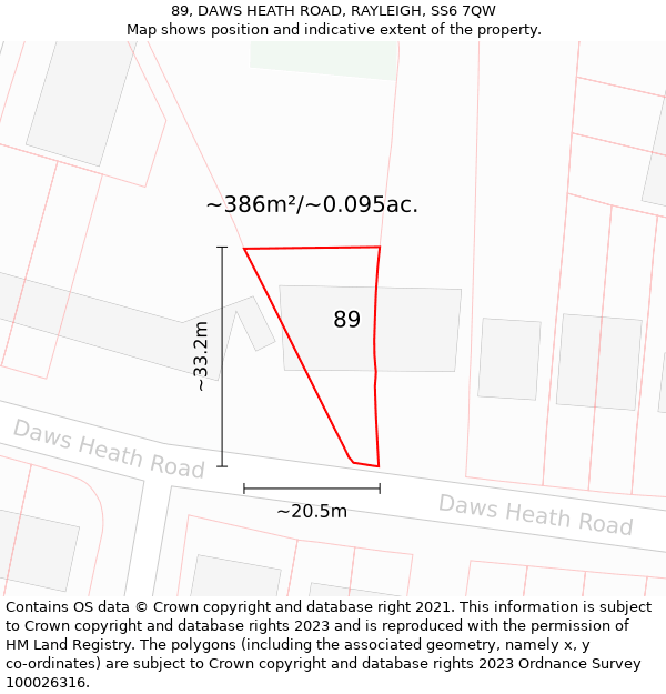 89, DAWS HEATH ROAD, RAYLEIGH, SS6 7QW: Plot and title map