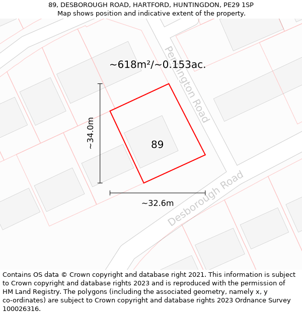 89, DESBOROUGH ROAD, HARTFORD, HUNTINGDON, PE29 1SP: Plot and title map