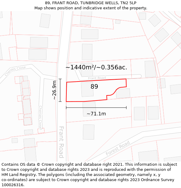 89, FRANT ROAD, TUNBRIDGE WELLS, TN2 5LP: Plot and title map