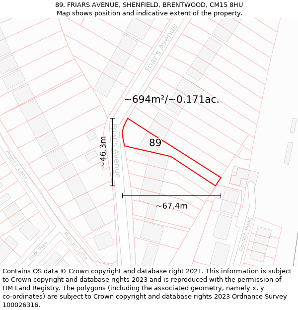 89, FRIARS AVENUE, SHENFIELD, BRENTWOOD, CM15 8HU: Plot and title map