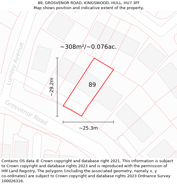 89, GROSVENOR ROAD, KINGSWOOD, HULL, HU7 3FF: Plot and title map