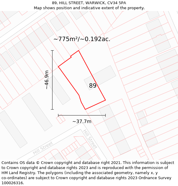 89, HILL STREET, WARWICK, CV34 5PA: Plot and title map