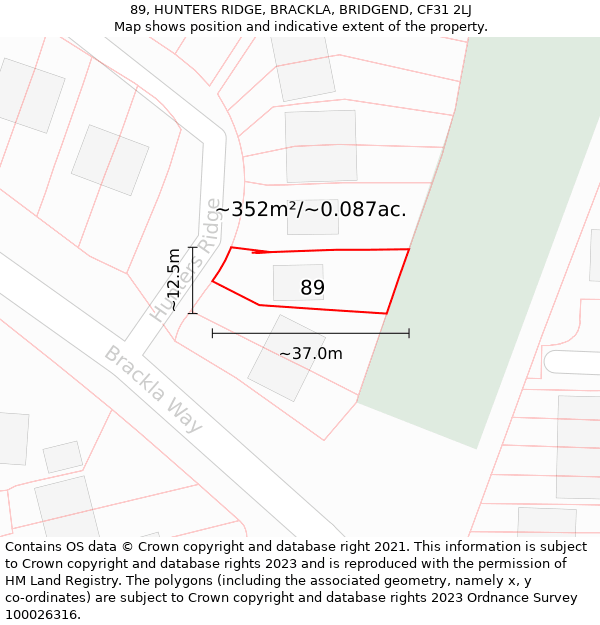 89, HUNTERS RIDGE, BRACKLA, BRIDGEND, CF31 2LJ: Plot and title map