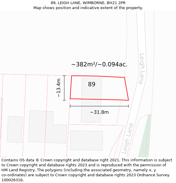 89, LEIGH LANE, WIMBORNE, BH21 2PR: Plot and title map