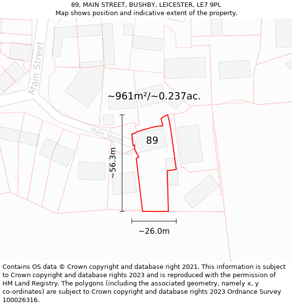 89, MAIN STREET, BUSHBY, LEICESTER, LE7 9PL: Plot and title map