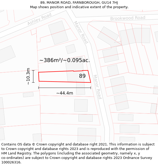 89, MANOR ROAD, FARNBOROUGH, GU14 7HJ: Plot and title map