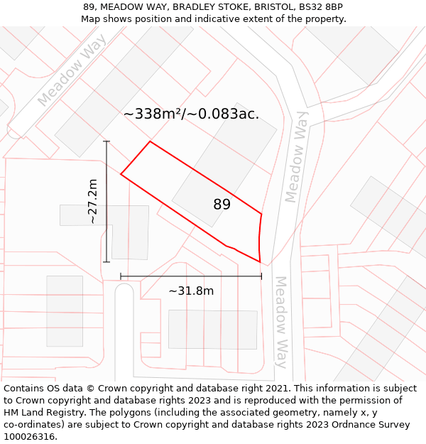 89, MEADOW WAY, BRADLEY STOKE, BRISTOL, BS32 8BP: Plot and title map