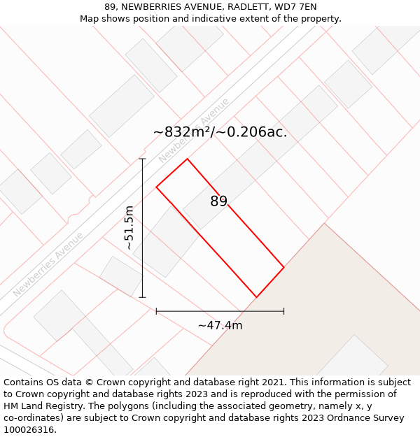 89, NEWBERRIES AVENUE, RADLETT, WD7 7EN: Plot and title map